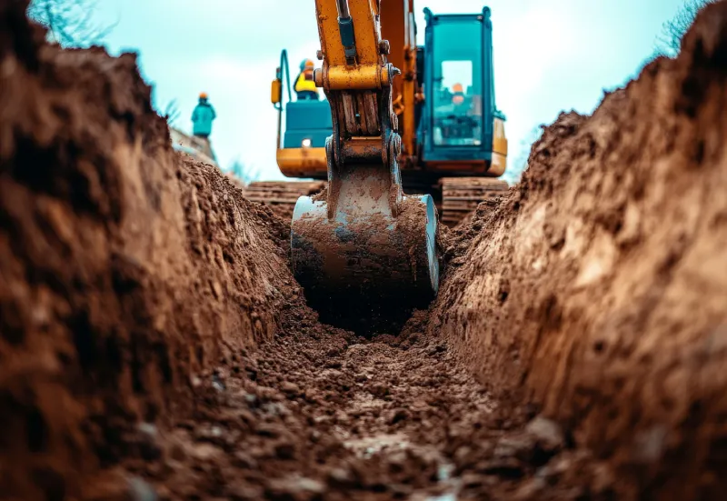 Excavator digging in a narrow trench at a construction site with workers and heavy equipment
